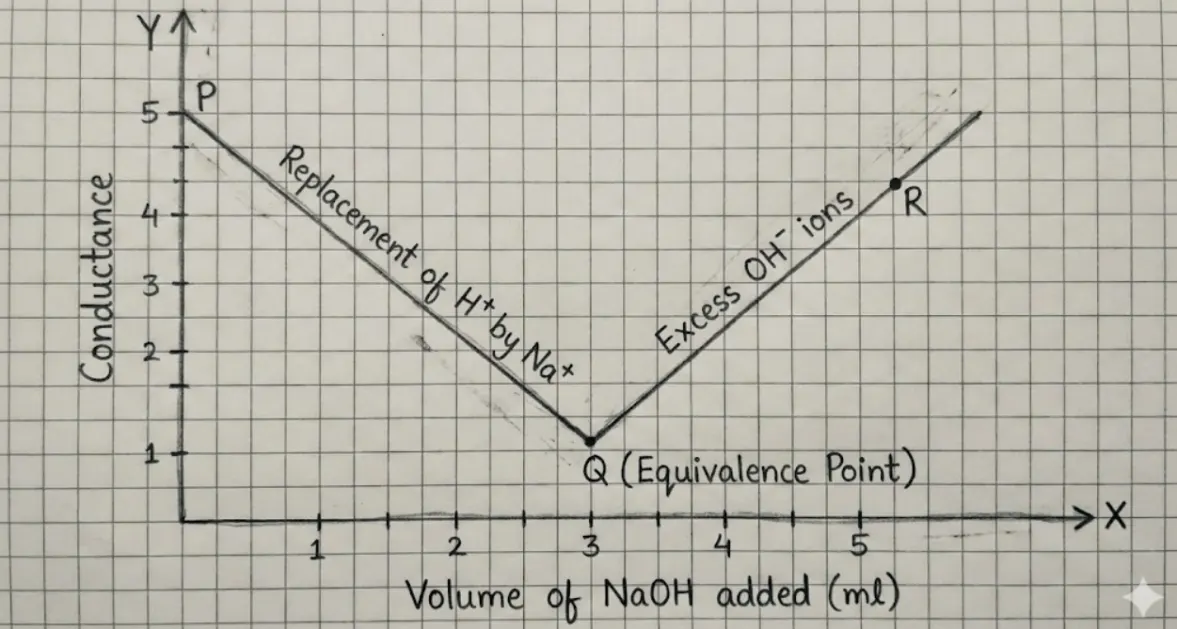 Conductometric Titration Curve — HCl vs. NaOH showing V-shaped minimum at equivalence point